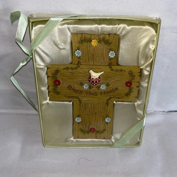 Russ Berrie I Believe Bless This House Decorative Cross 6in Floral Hearts Dove - Picture 3 of 8